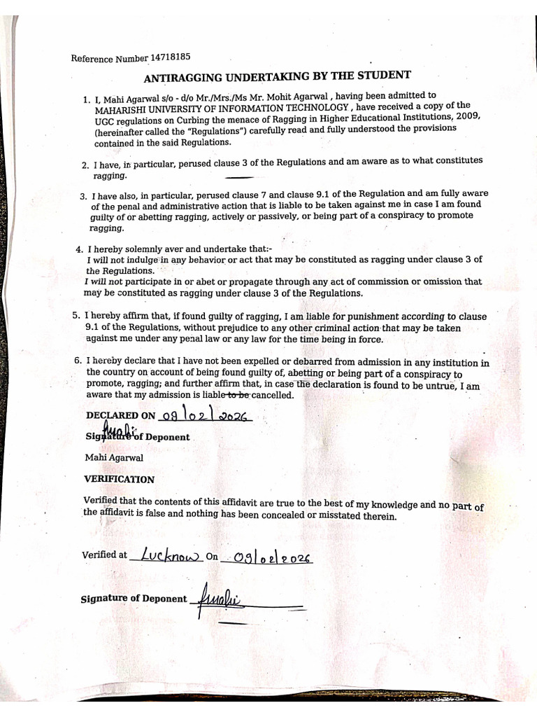 Demo Copy of Anti Ragging Form | PDF