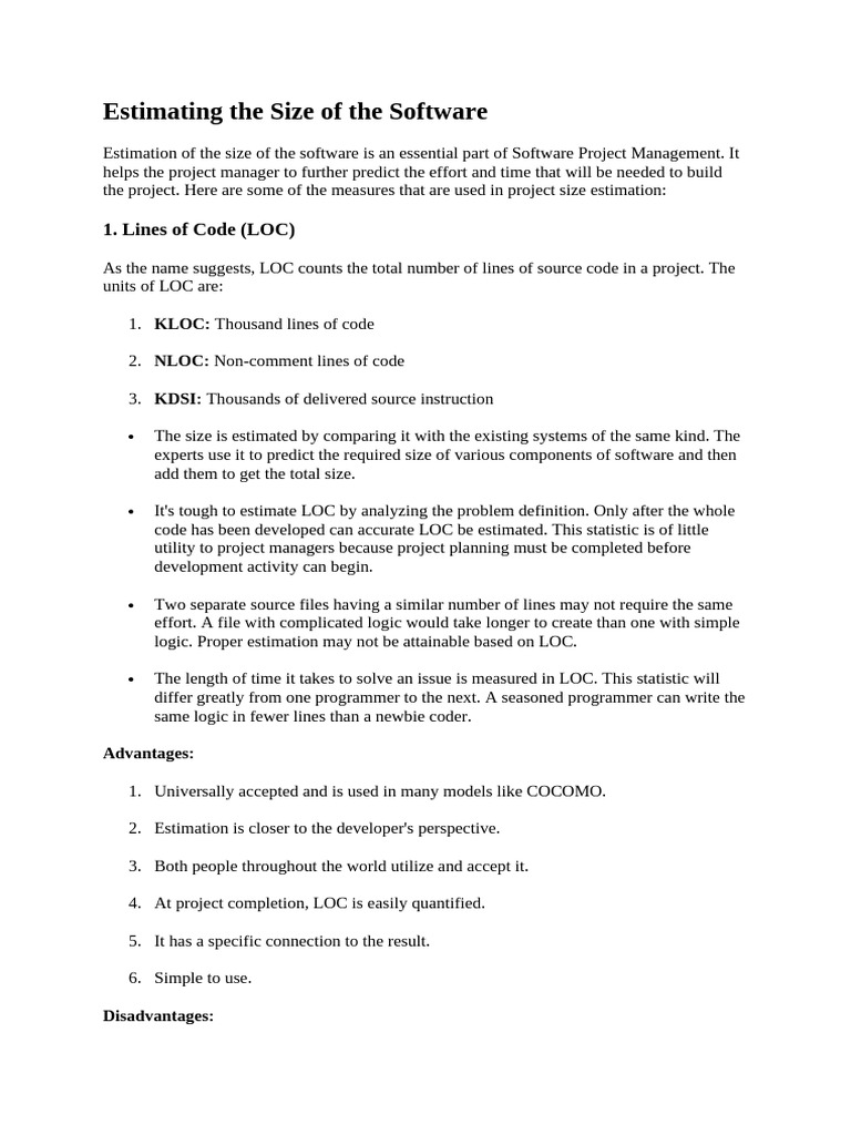 Estimating The Size of The Software: 1. Lines of Code (LOC) | PDF ...