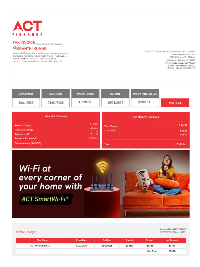 Act Wifi Bill Jan 26 PDF | PDF | Taxes | Invoice