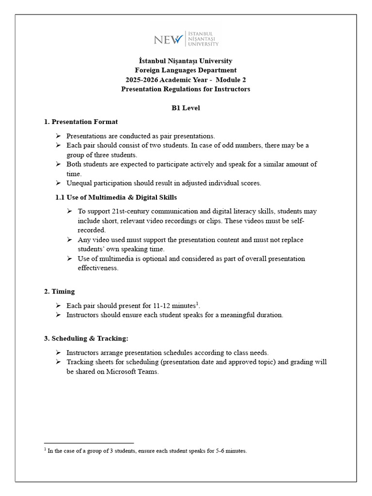 2025-2026 Presentation Regulations For Instructors (B1 Level) | PDF