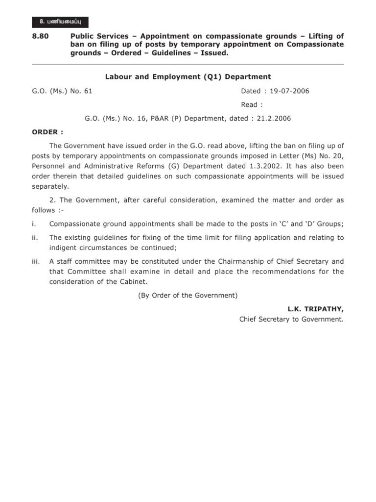 Compassionate Ground Appointment GOs and Govt Letters | PDF ...