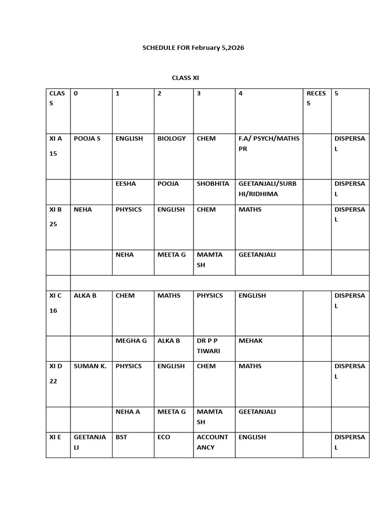 Time Table For February 5 | PDF