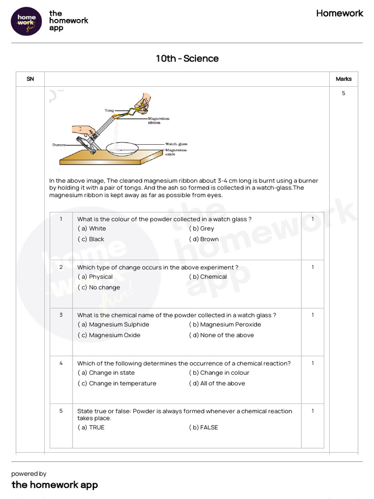 Questions - Homework - 10th - Science - 2026-02-10T0851 | PDF | Redox ...