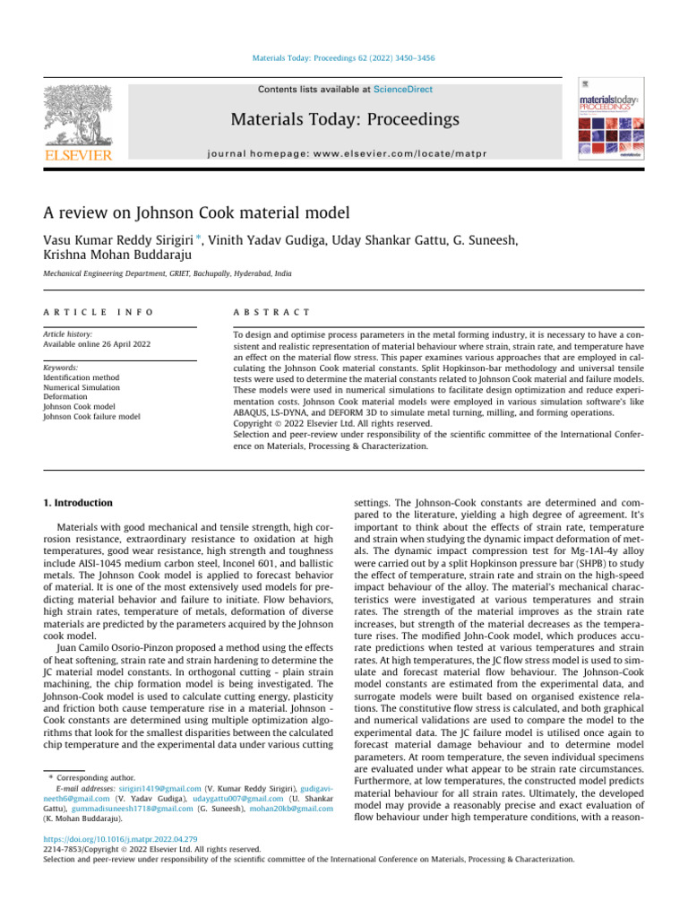 A Review On Johnson Cook Material Model | PDF | Deformation ...