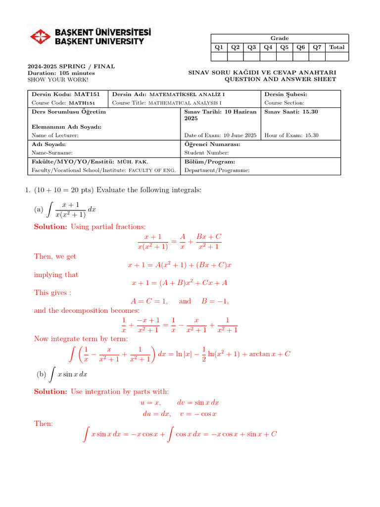 Mat151 Final Past Exams | PDF | Real Analysis | Special Functions