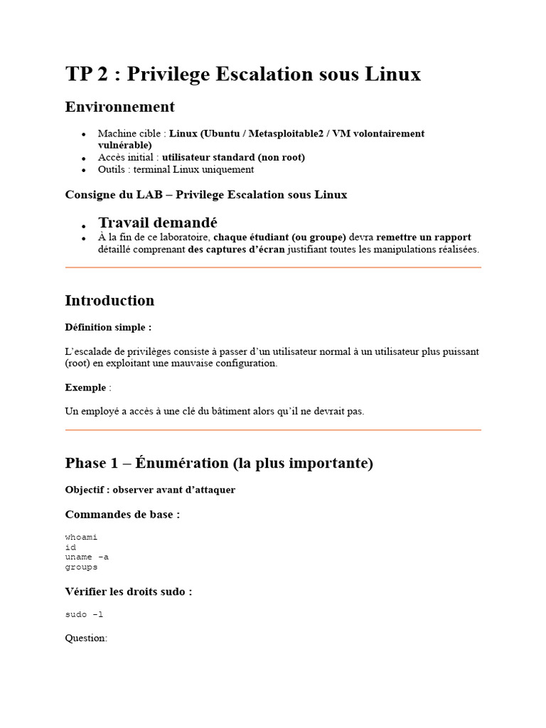TP 2 - Privilege Escalation Sous Linux | PDF | Sudo | Linux