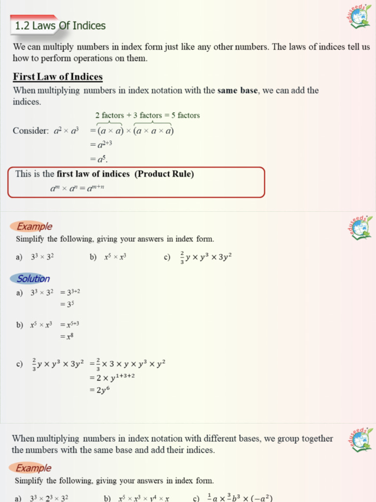 EIDMAT0901 Lesson 1.2 - Law of Indices | PDF