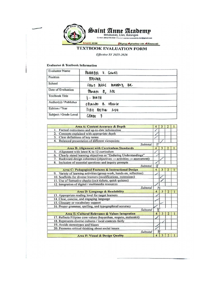 Textbook Evaluation Form Sample | PDF