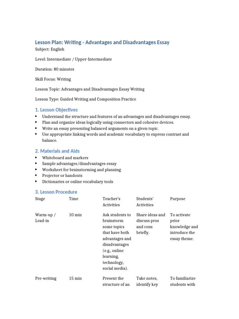 Lesson Plan Writing Advantages Disadvantages Essay-1 | PDF | Essays ...