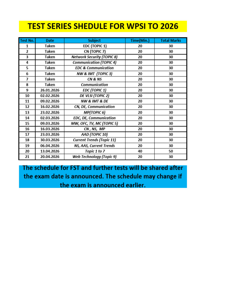 Test Shedule 2026 | PDF