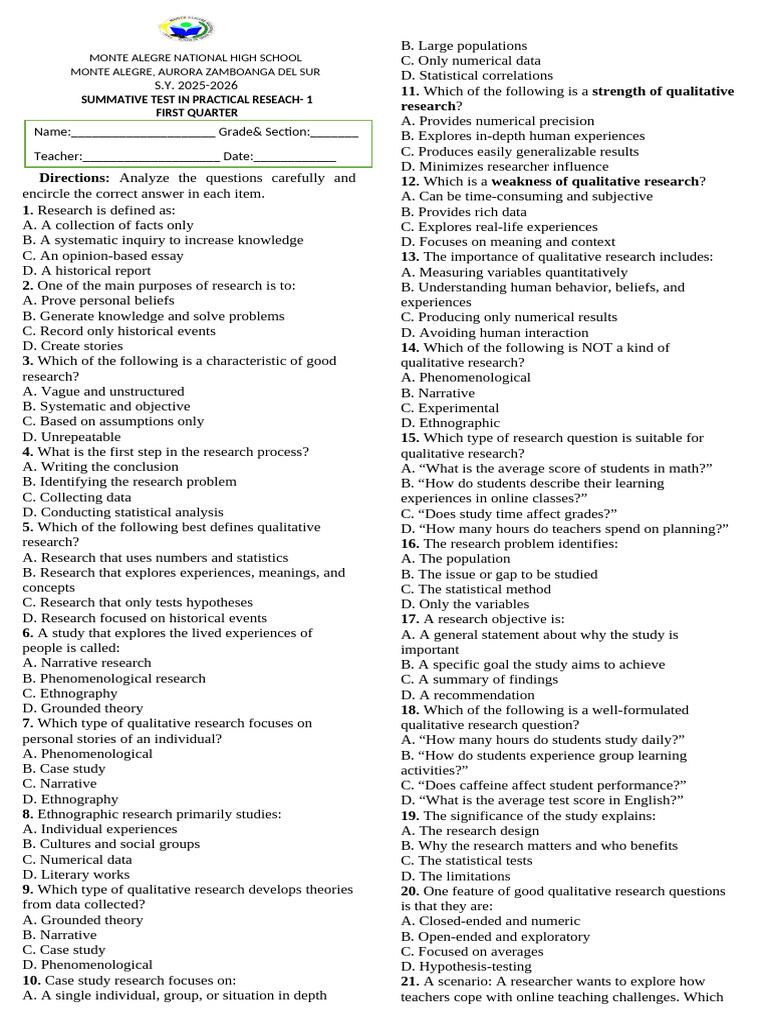 Summative 2nd Quarter Pr2 | PDF | Qualitative Research | Ethnography