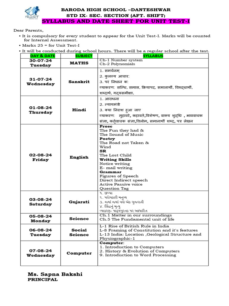 Unit Test - 1 Date Sheet Std-Ix 24-25 | PDF | Linguistics