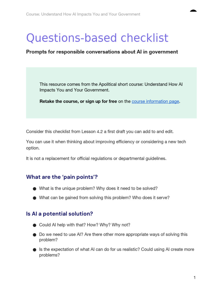 Checklist Understand How AI Impacts You and Your Government | PDF
