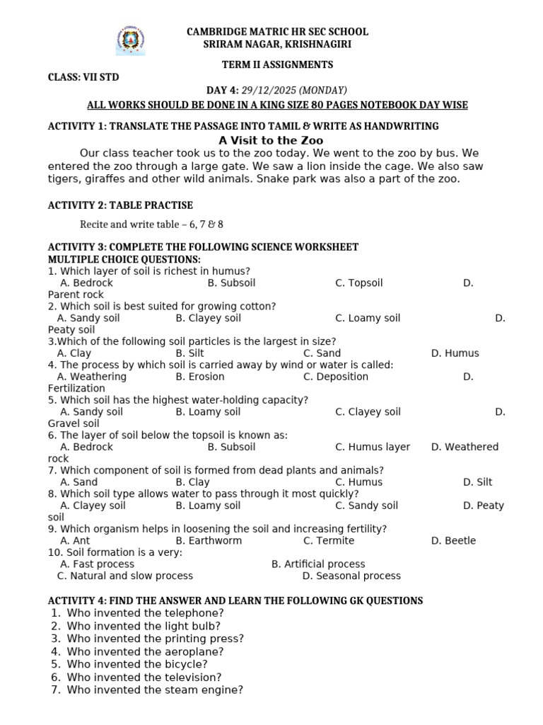 CLASS 7 Day 4 Worksheet | PDF | Soil | Clay