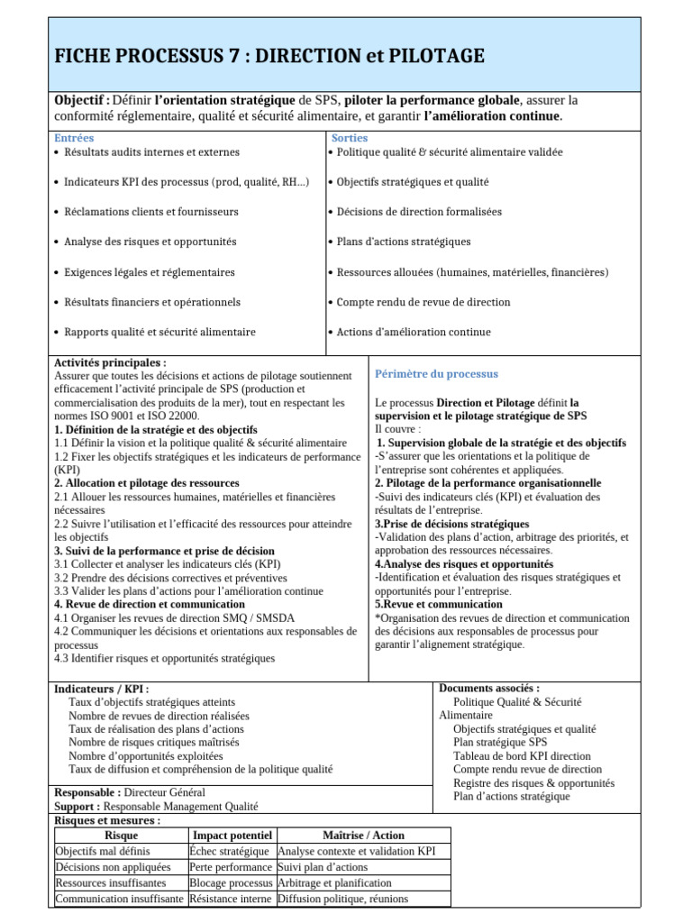 FICHE PROCESSUS 7 Pilotage Et Direction | PDF | Gestion des ressources ...