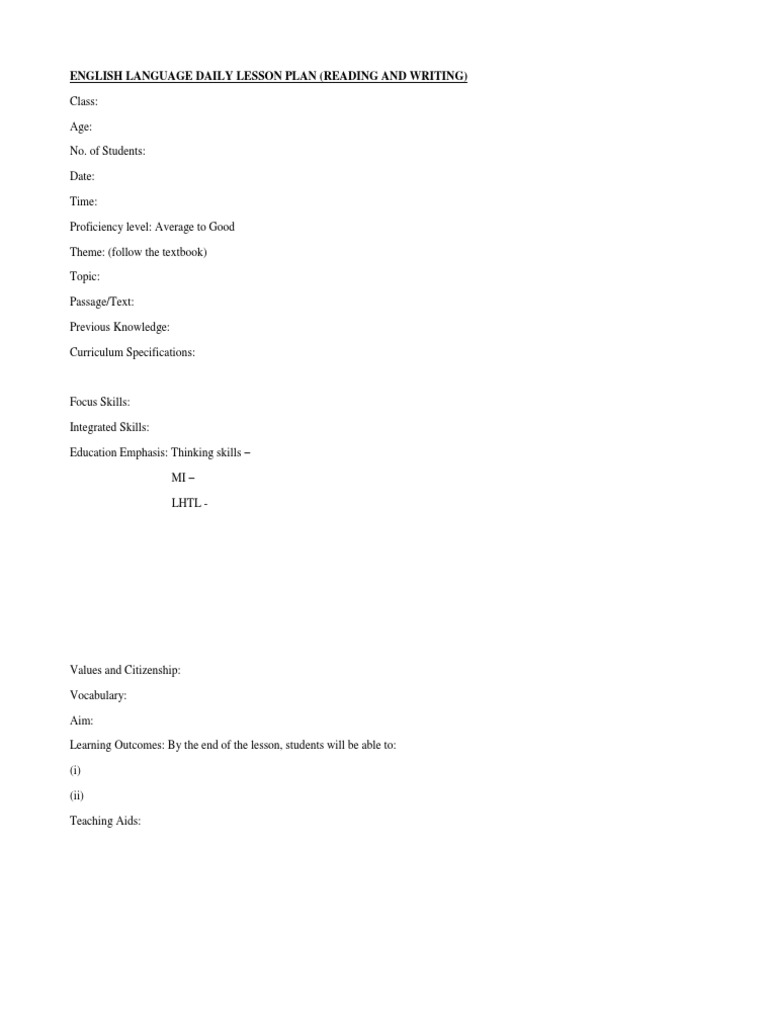 English Language Daily Lesson Plan (Reading and Writing) | PDF