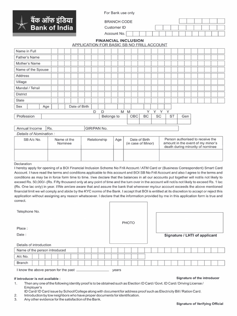 Bank of India Acount Open Form | PDF