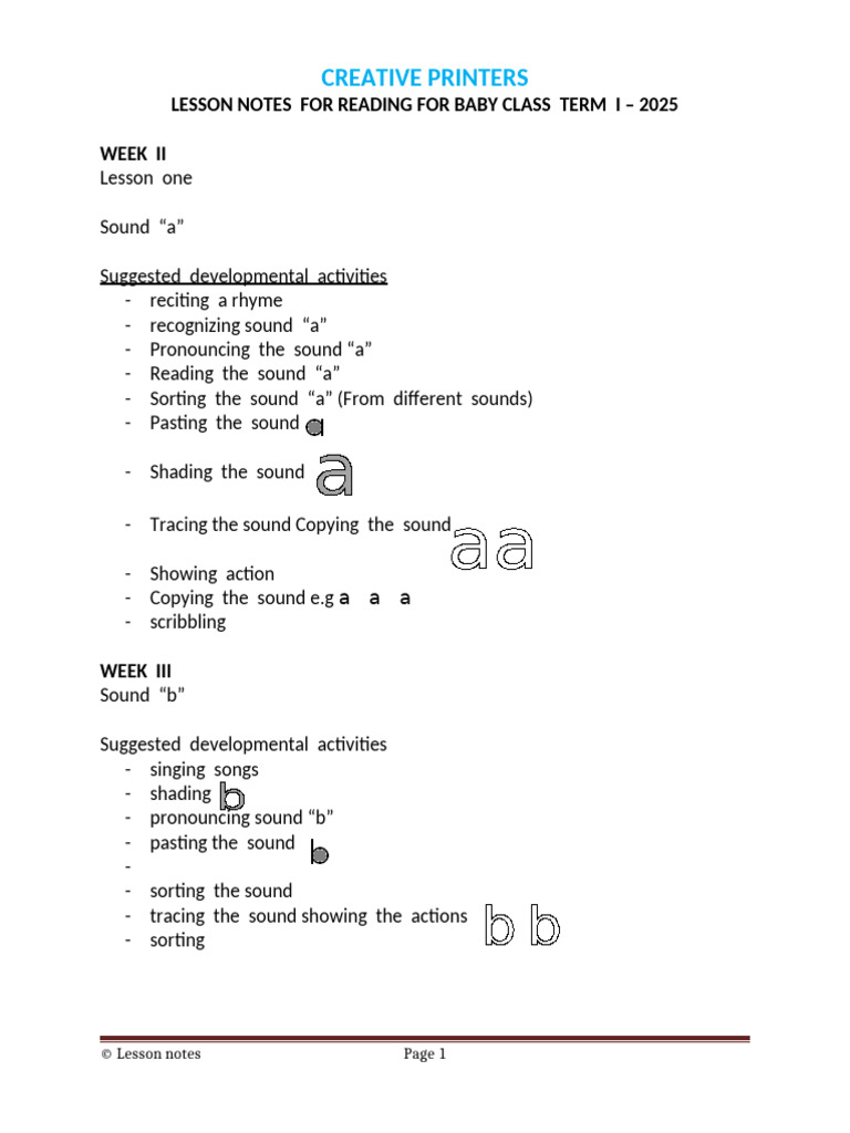 Lesson Notes For Baby Class For Reading | PDF | Syllable | Phonology
