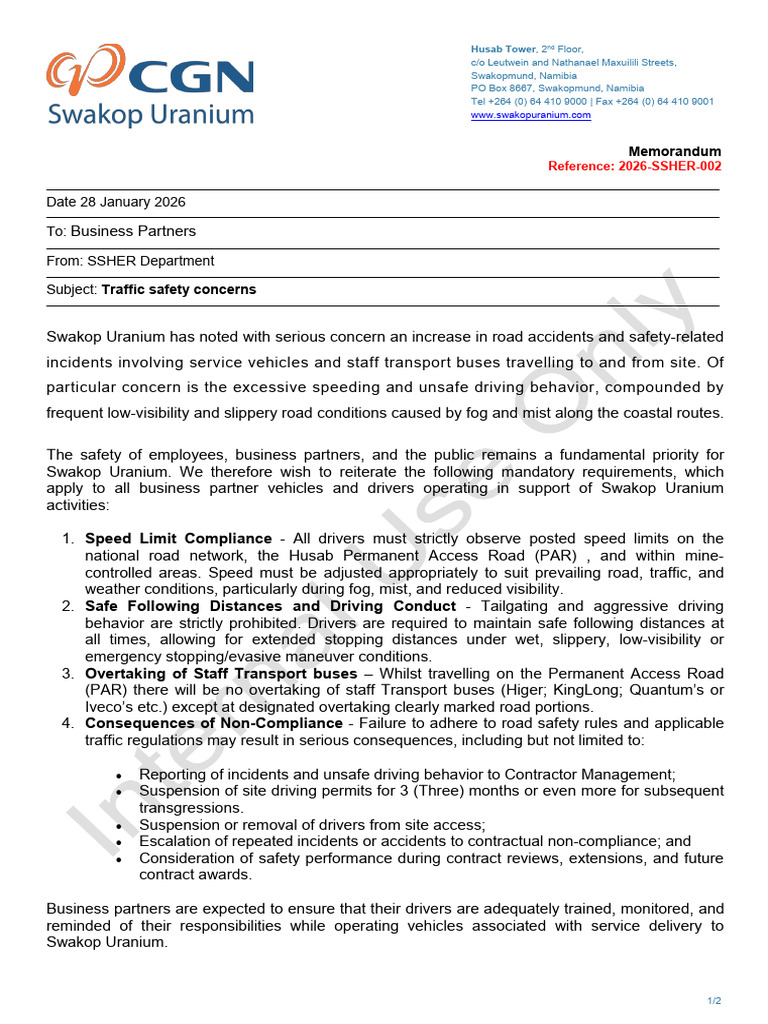 SU Internal Memorandum - Contractor Road Safety Letter | PDF | Speed ...