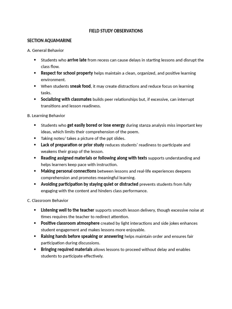 Field Study Observations | PDF | Classroom | Learning
