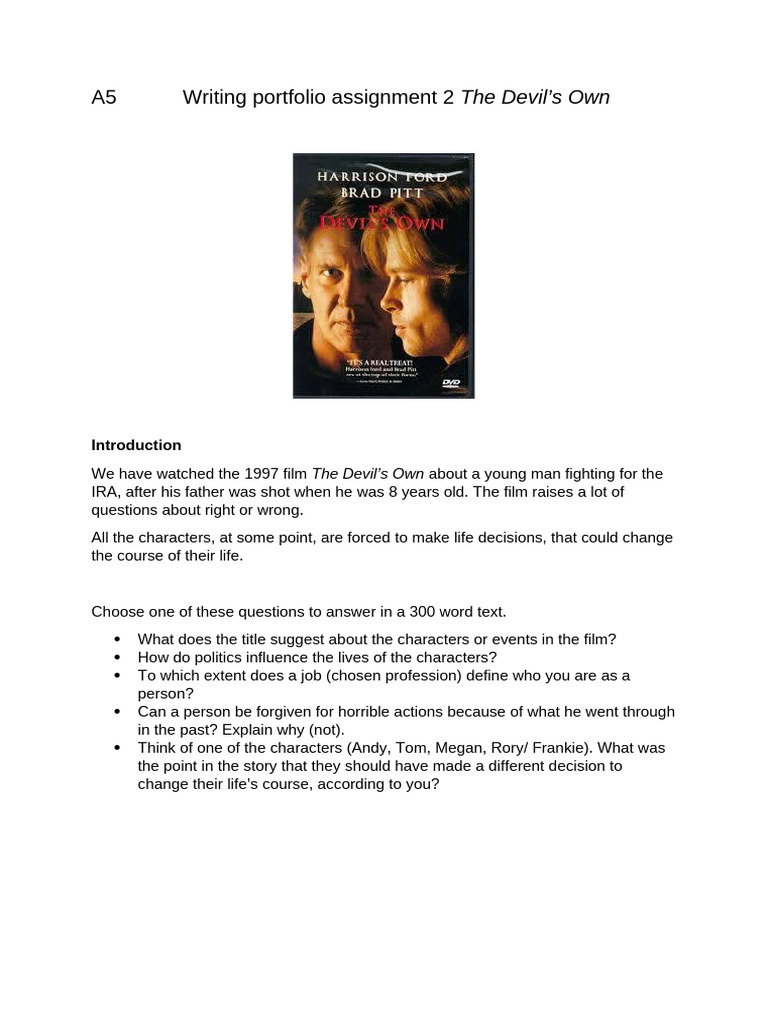 A5 Writing Portfolio Assignment 2 The Devil's Own | PDF