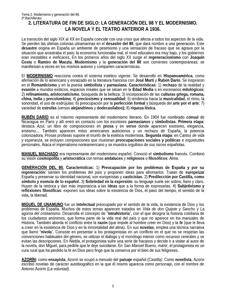 02. El modernismo y la generación del 98 (1) | PDF | Novelas