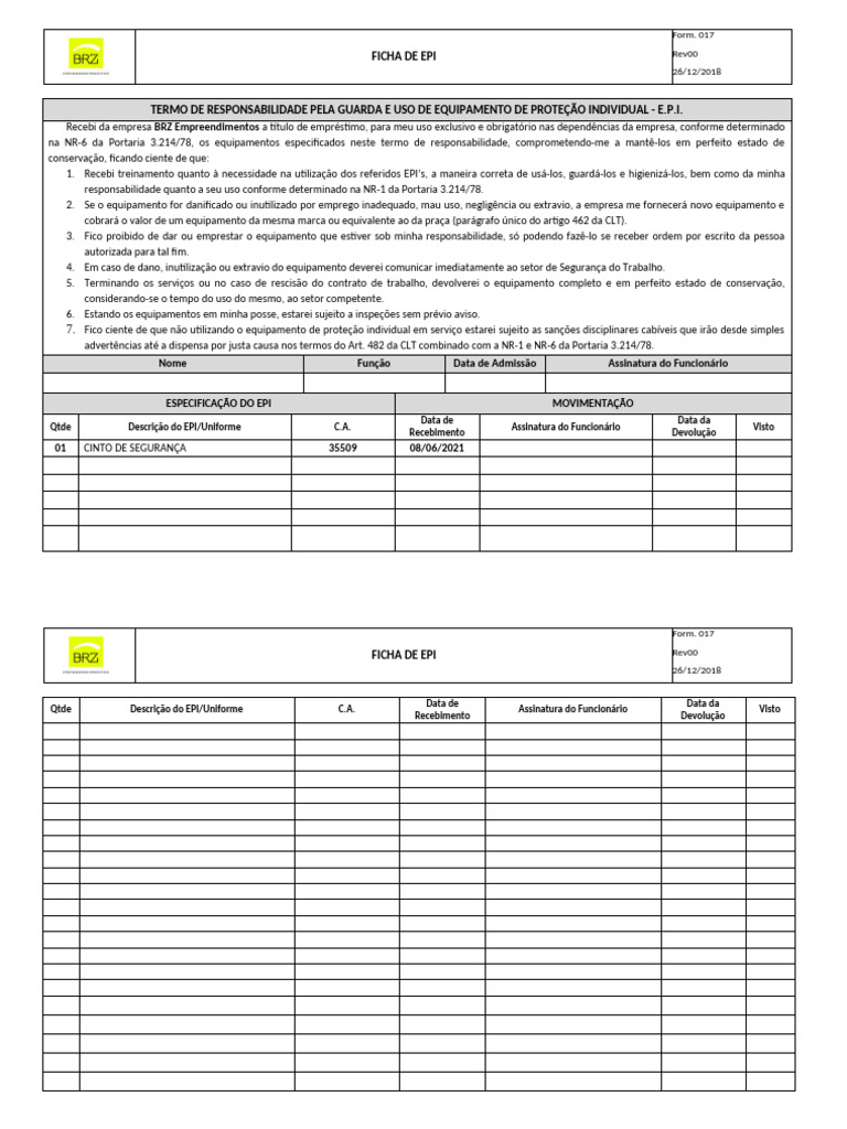 Form. 017 Ficha de EPI Rev00 | PDF