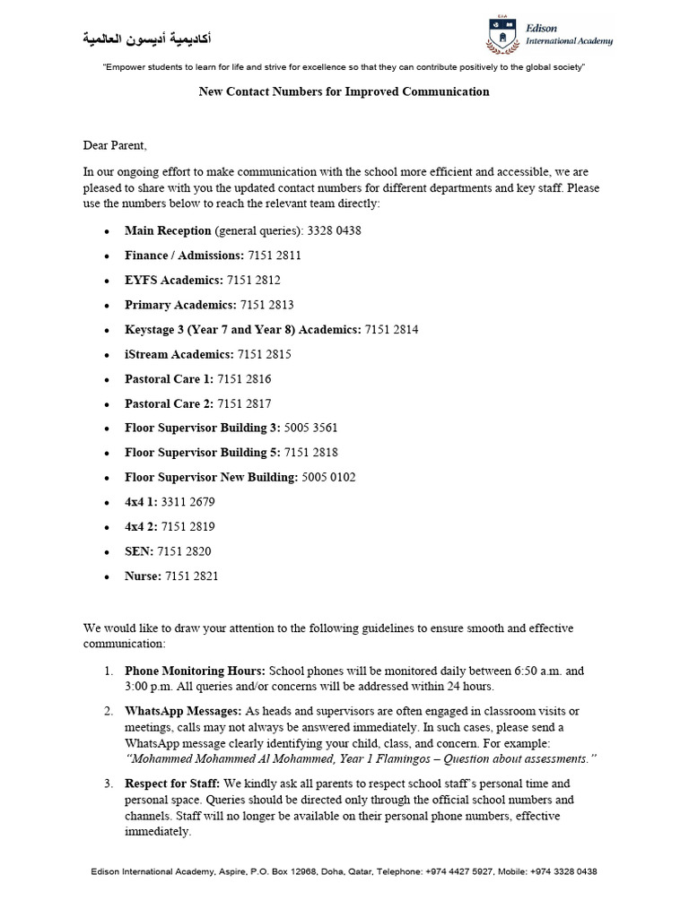 Parent Letter Phone Numbers | PDF