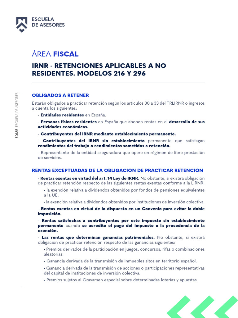 IRNR Retenciones Aplicables A No Residentes. Modelos 216 y 296 | PDF ...