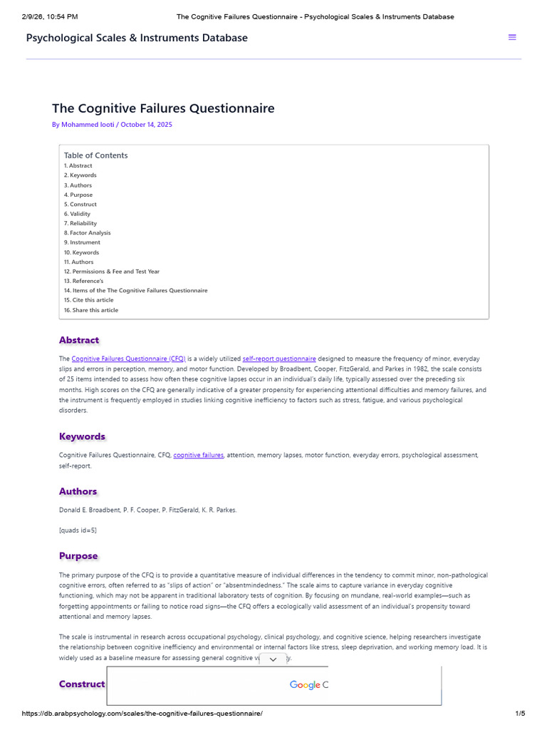 The Cognitive Failures Questionnaire 2 | PDF | Validity (Statistics ...