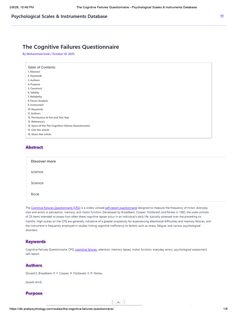 The Cognitive Failures Questionnaire - Psychological Scales ...