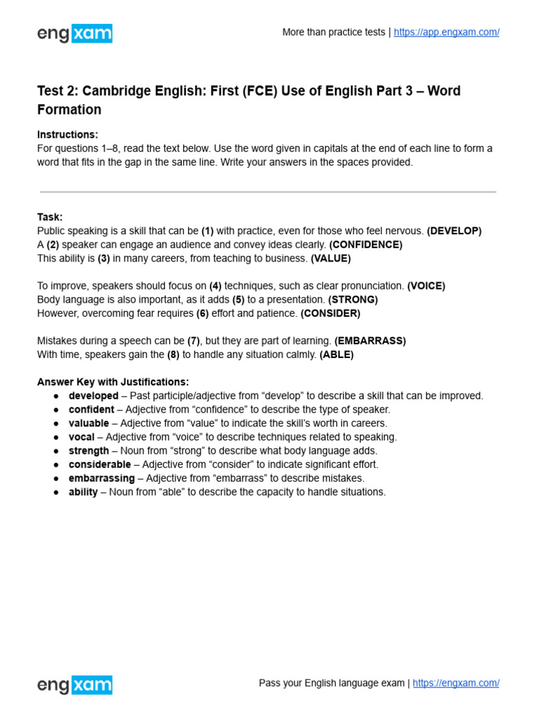 First FCE Use of English Part 3 Word Formation - Practice Test PDF 1 | PDF