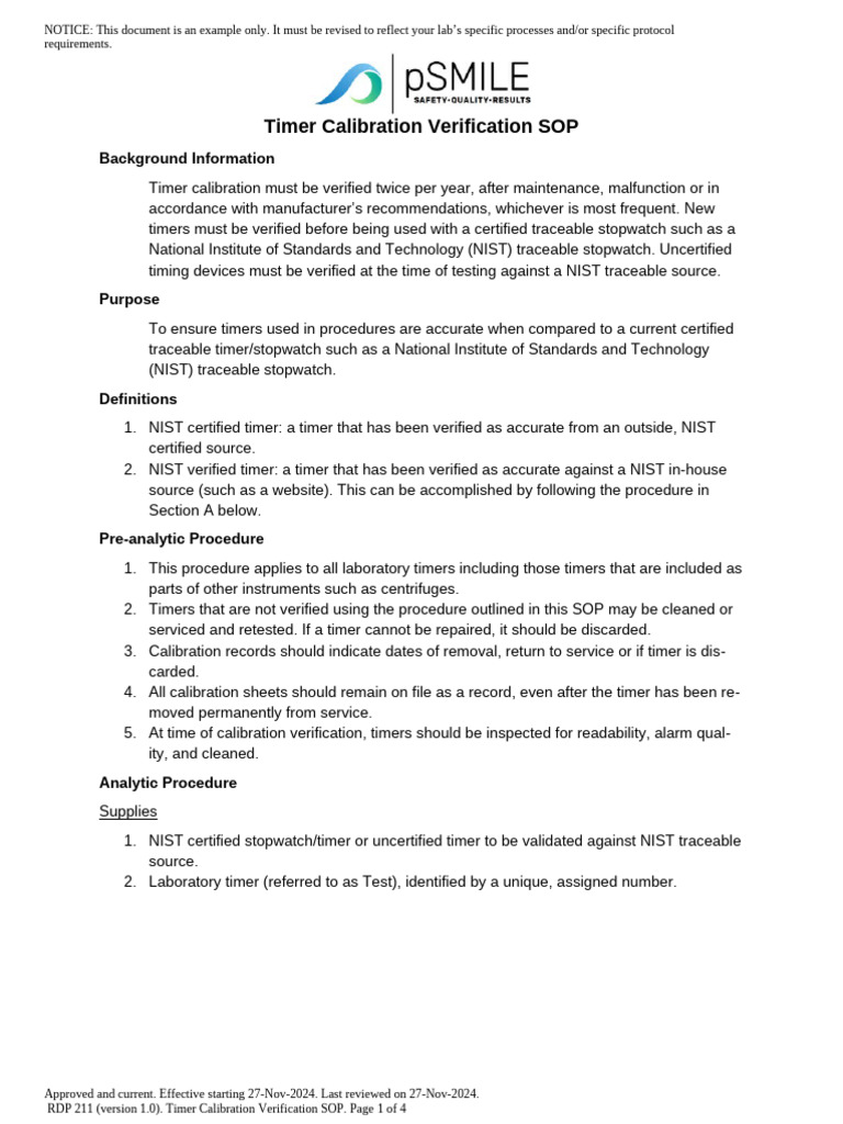 RDP 211 Timer Calibration Verification SOP | PDF | Calibration ...