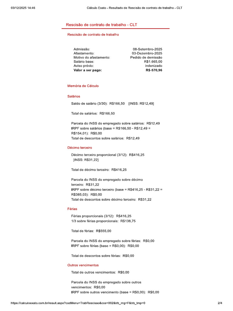 Cálculo Exato - Resultado de Rescisão de Contrato de Trabalho - CLT | PDF