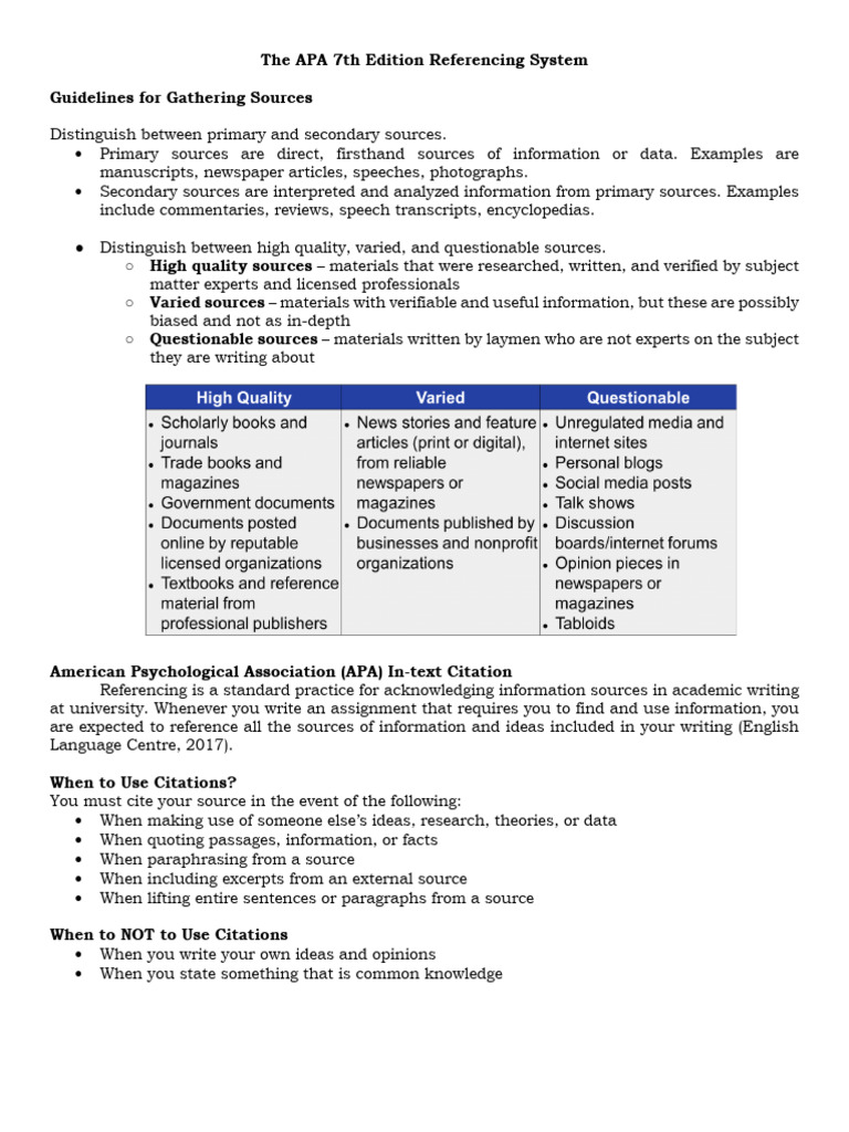 The APA 7th Edition Referencing System | PDF | Citation | Bracket