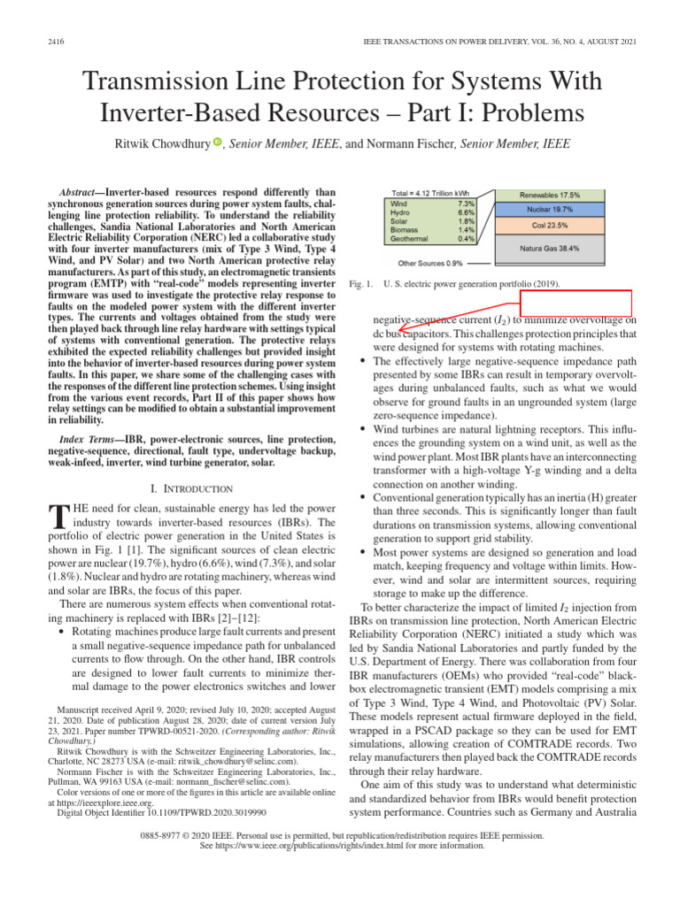 TL Protection For Systems With Inverter-Based Resources Part I Problems ...