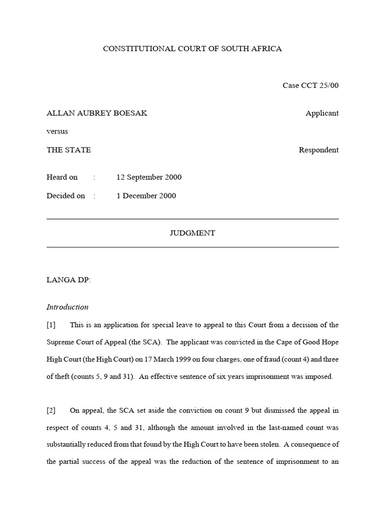 S V Boesak 2001 1 SA 912 CC | PDF | Burden Of Proof (Law) | Supreme Courts