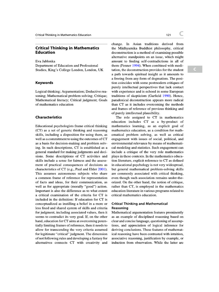 Critical Thinking in Mathematics Education | PDF
