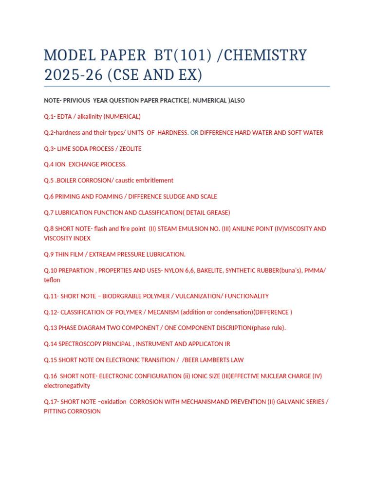 Model Paper BT 101 | PDF