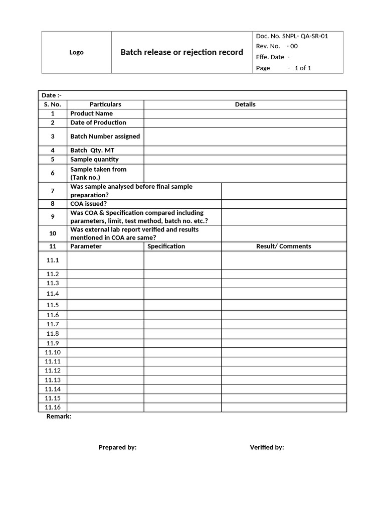 Batch Release or Rejection Record | PDF