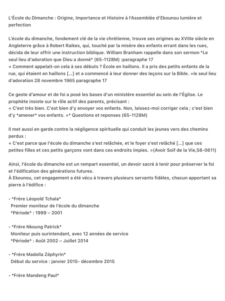 L'École Du Dimanche - Origine, Importance Et Histoire À L'assemblée ...