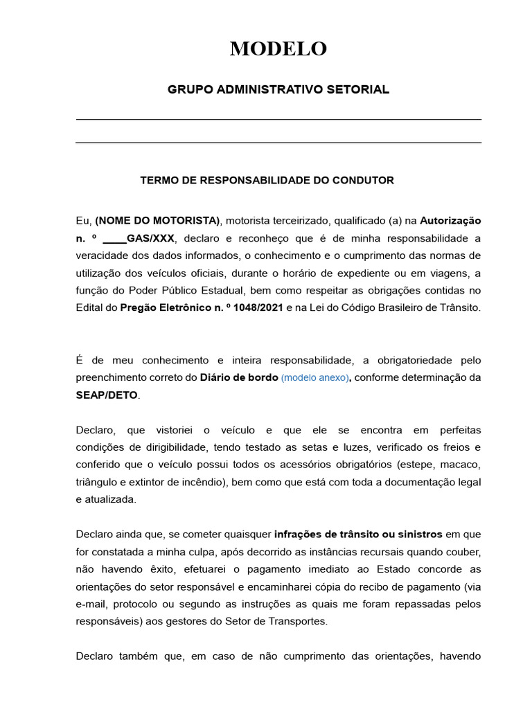 Informativo 005 Dos Anexo I Termo de Responsabilidade Do Condutor | PDF ...