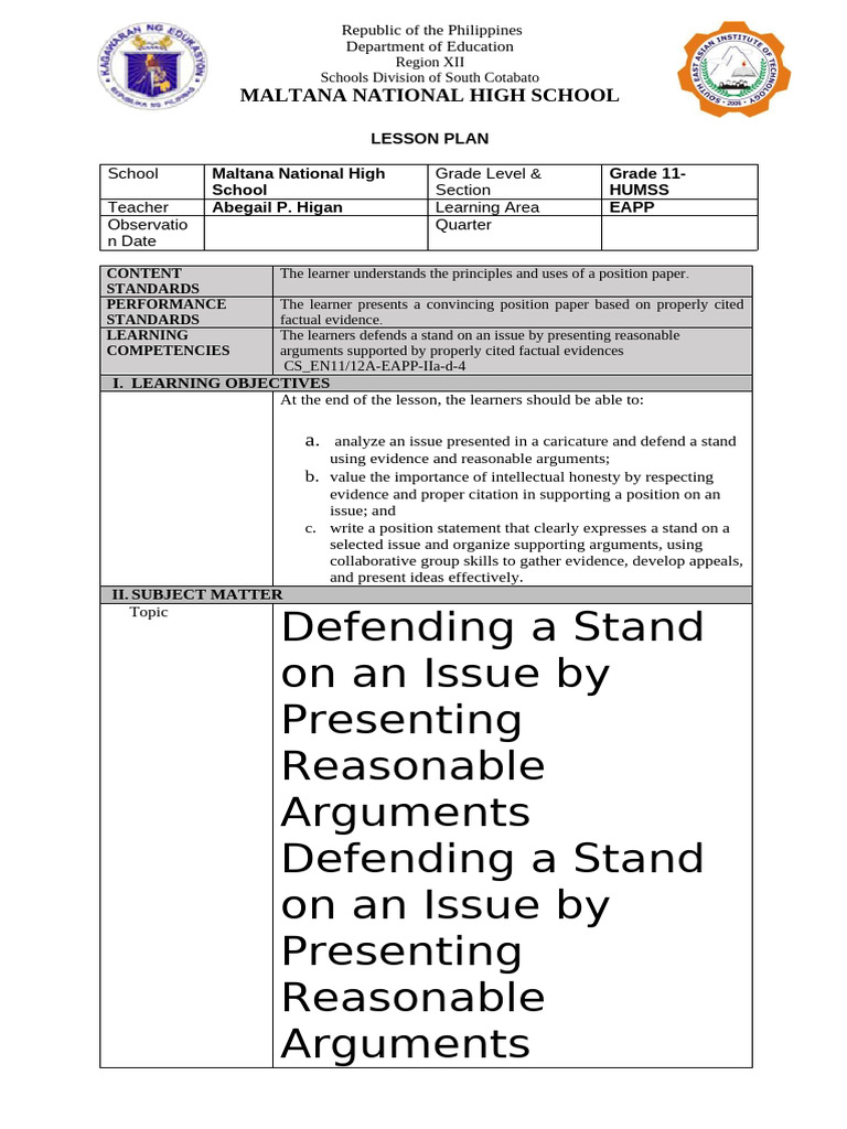 Defend A Stand On An Issue LP | PDF | Argument | Learning