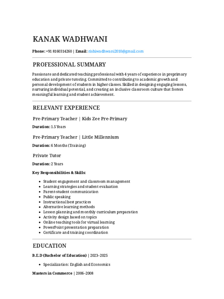 Kanak Wadhwani: Professional Summary | PDF