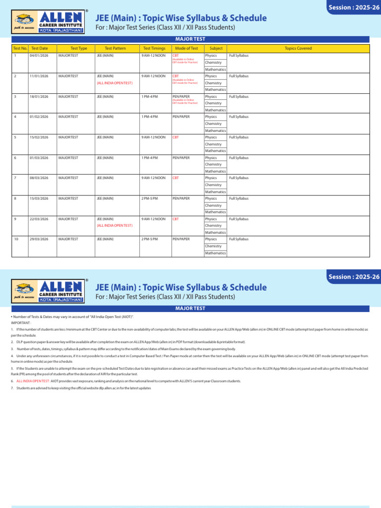Jee Main Mts Test Schedule 2025 26 | PDF | Equations | Redox