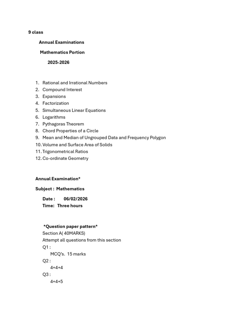 9 Class Annual Examinations Mathematics Portion 2025-2026 | PDF