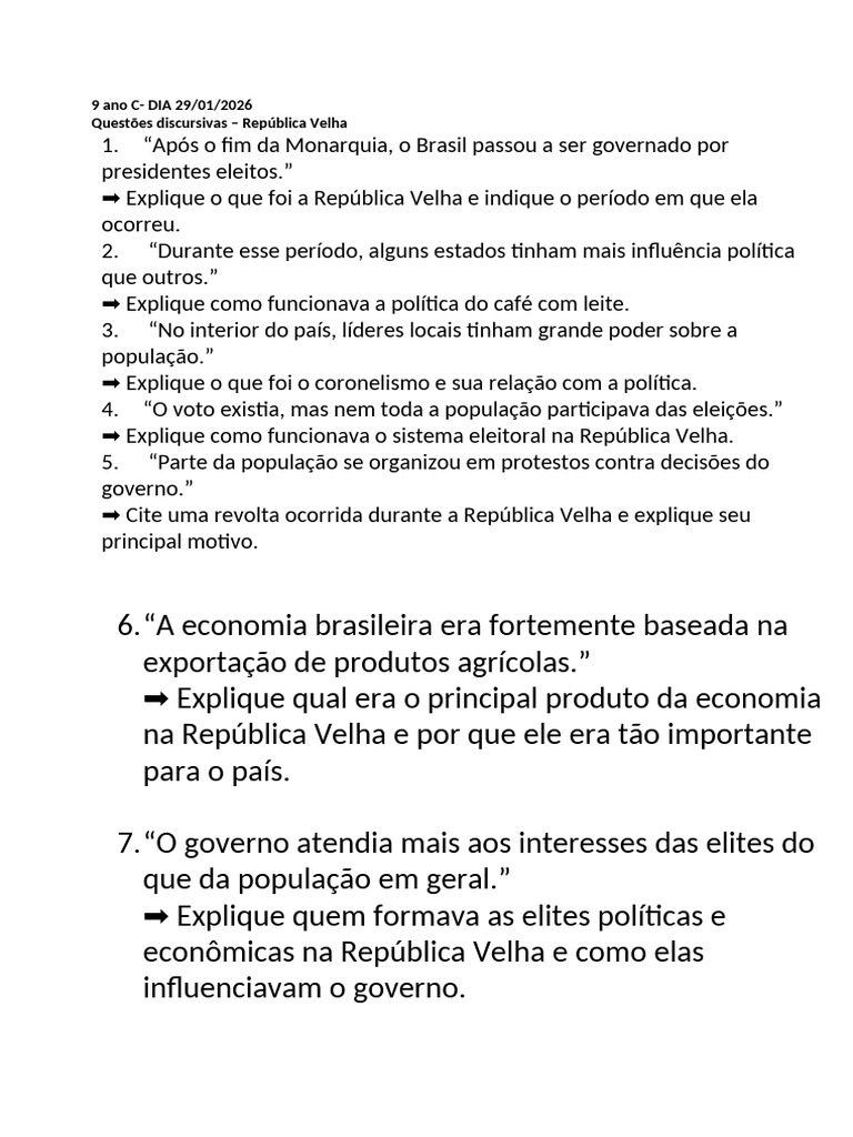 Questões Discursivas - República Velha | PDF | República | Ciência Política