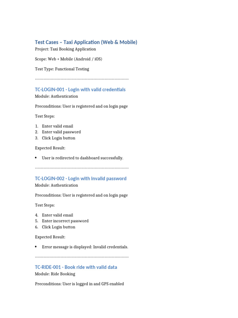 Test Cases Taxi App Web Mobile | PDF | Login | Mobile App