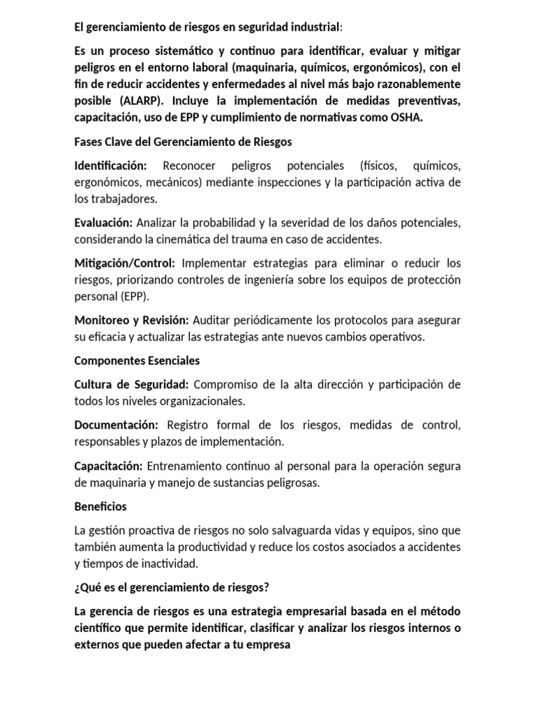 El Gerenciamiento de Riesgos en Seguridad Industrial | PDF