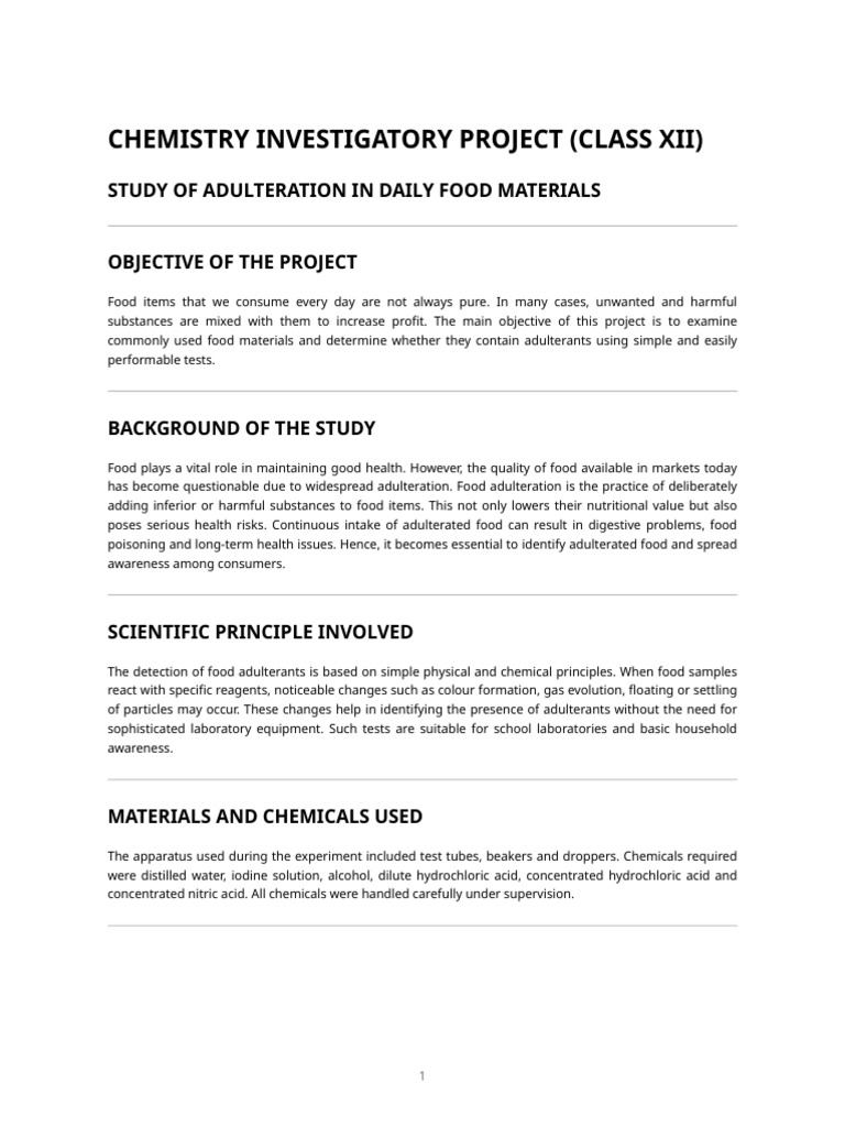 Food Adulteration Chemistry Project | PDF | Experiment | Foods